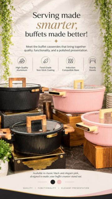 Serving made smarter, buffet made better! ✨

Meet the buffet casseroles that bring together quality, functionality, and a polished presentation. Crafted from high-quality aluminium, with a food-grade non-stick coating, an induction-compatible base, and sturdy stands, they’re designed for the demands of professional buffet service.

Available in classic black and elegant pink, these casseroles are ready to make your buffet counter stand out. 🖤💗

Upgrade your buffet essentials with Orchid Dinex. Explore the collection today at www.orchiddinex.com.

#OrchidDinex #BuffetCasseroles #HoReCa #BuffetSetup HospitalityEssentials

Buffet Casserole, Aluminium Casserole, Food Grade Non Stick, Induction Base, Buffet Equipment, Hotel Supplies, Restaurant Supplies, Catering Equipment, Buffet Presentation, Premium Serveware, Professional Kitchen, Hospitality Industry, Buffet Essentials, Hotel Buffet, Restaurant Buffet, Food Service Equipment, Commercial Kitchenware, Non Stick Casserole, Induction Compatible, Black Casserole, Pink Casserole, Premium Tableware, Buffet Styling, Catering Solutions, HoReCa Supplies